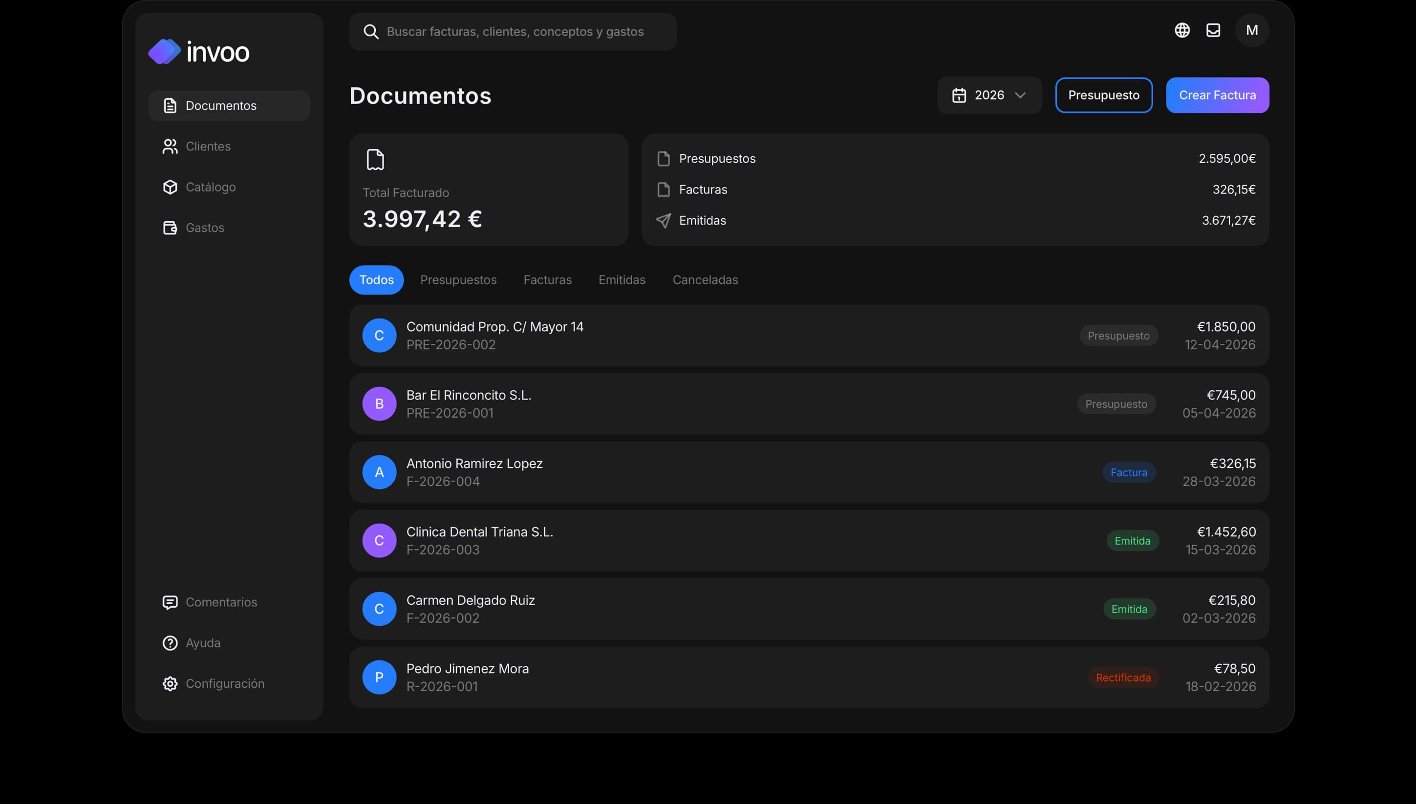 Panel de documentos de Invoo — facturas, presupuestos y estado en una sola vista