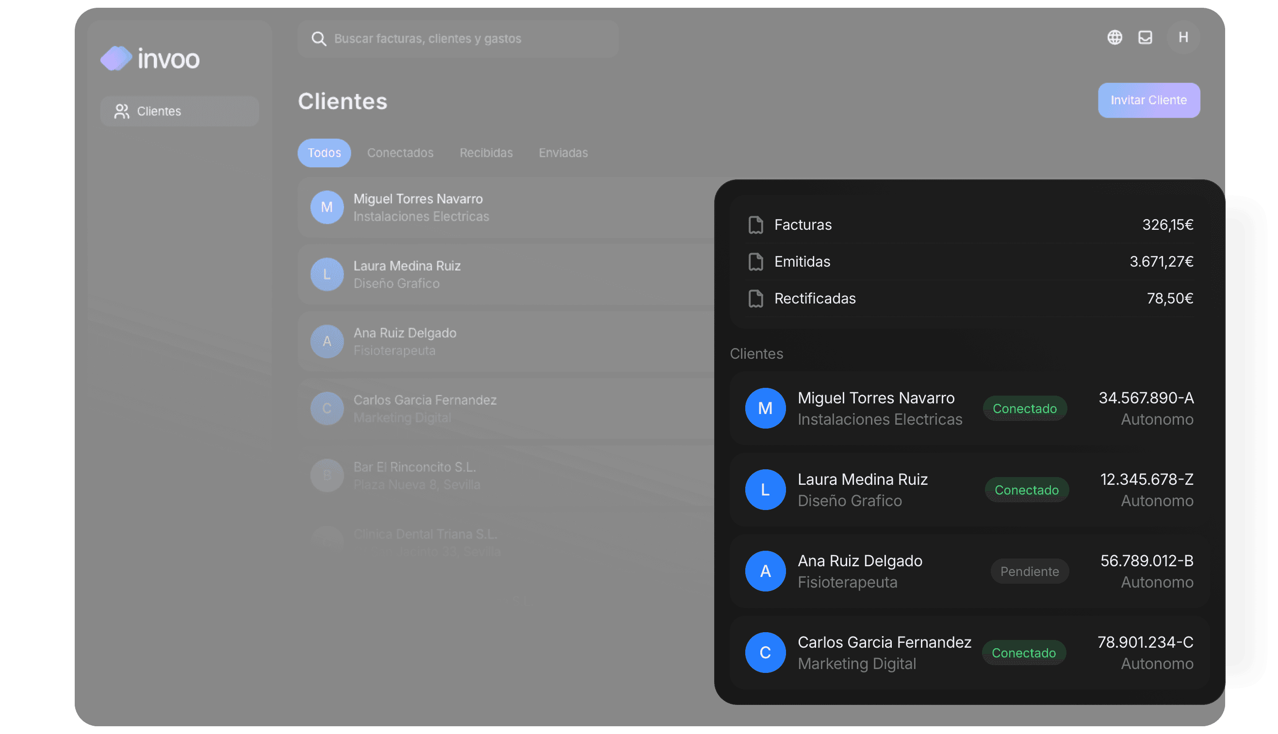 Dashboard de gestoría en Invoo — vista multicliente en tiempo real