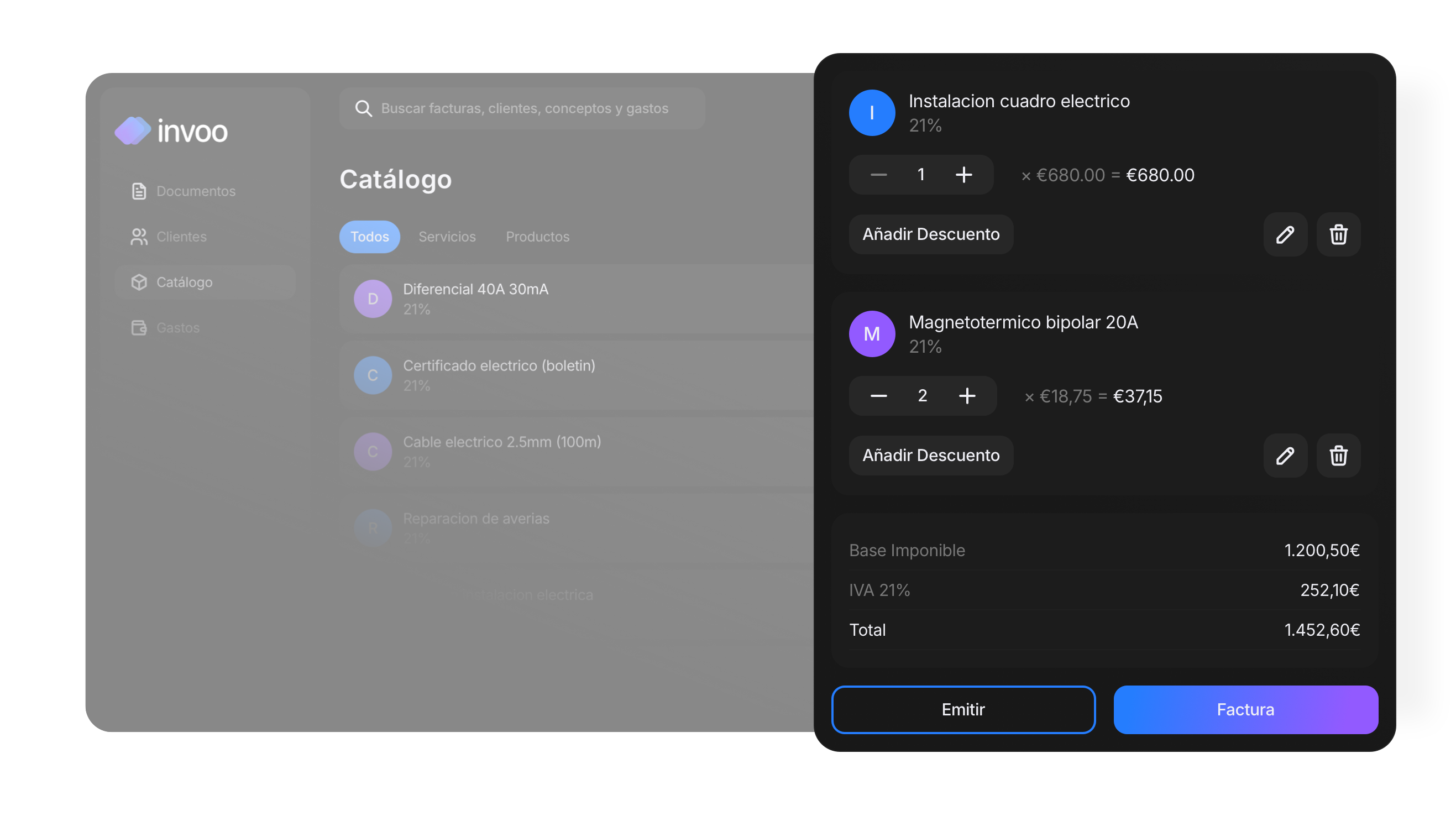 Panel de presupuestos y facturas en Invoo: conversión en un clic