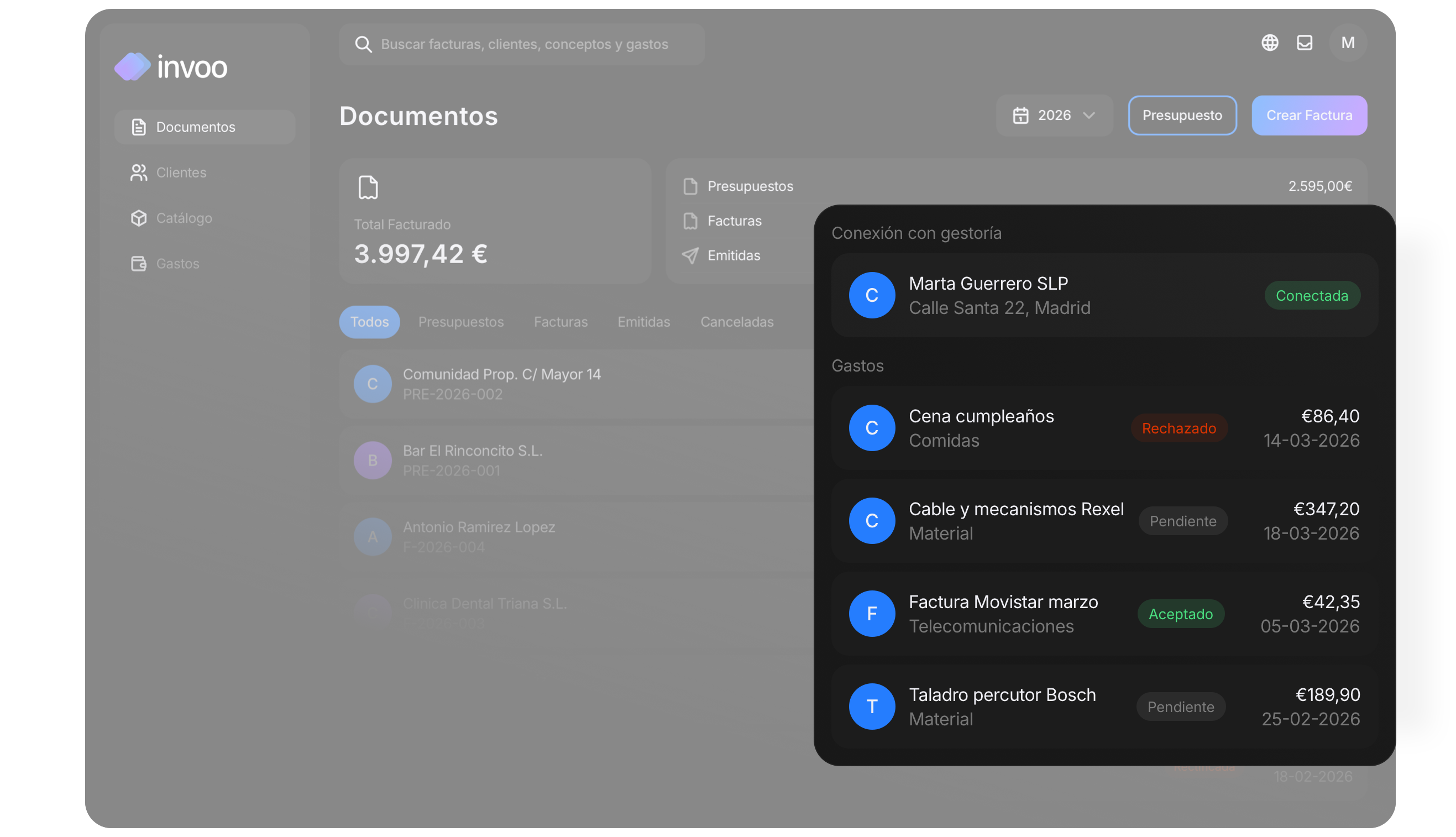 Panel de gestoría en Invoo — vista en tiempo real de facturas del cliente
