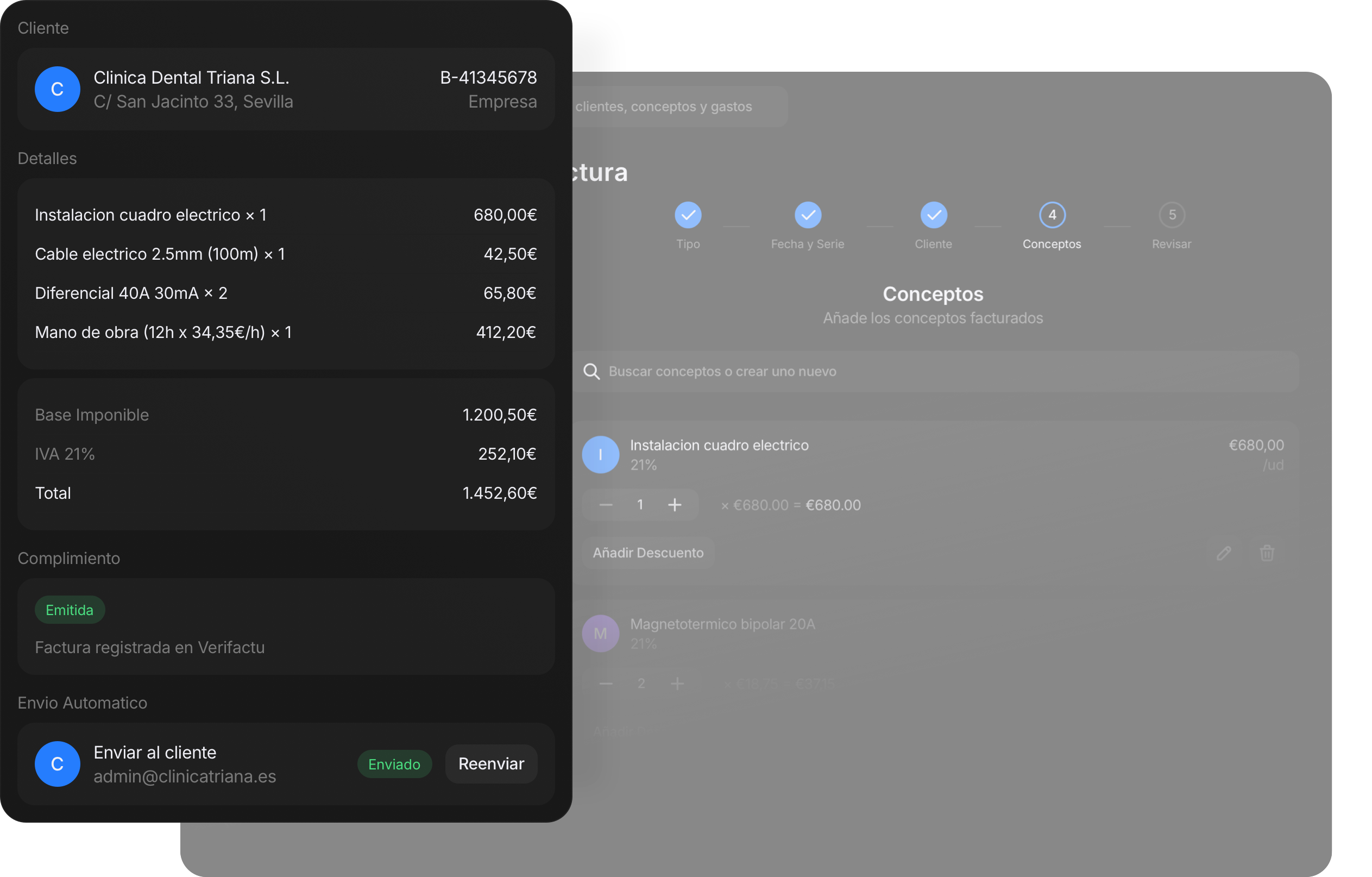 Editor de factura en Invoo: cliente, conceptos del catálogo, totales en tiempo real